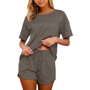 KCW Pajamas for Women Set 2 Piece 100% Cotton Lounge Sets Short Sleeve Top and Shorts Pj Set Sleepwear Outfits (XXL, Light Khaki)