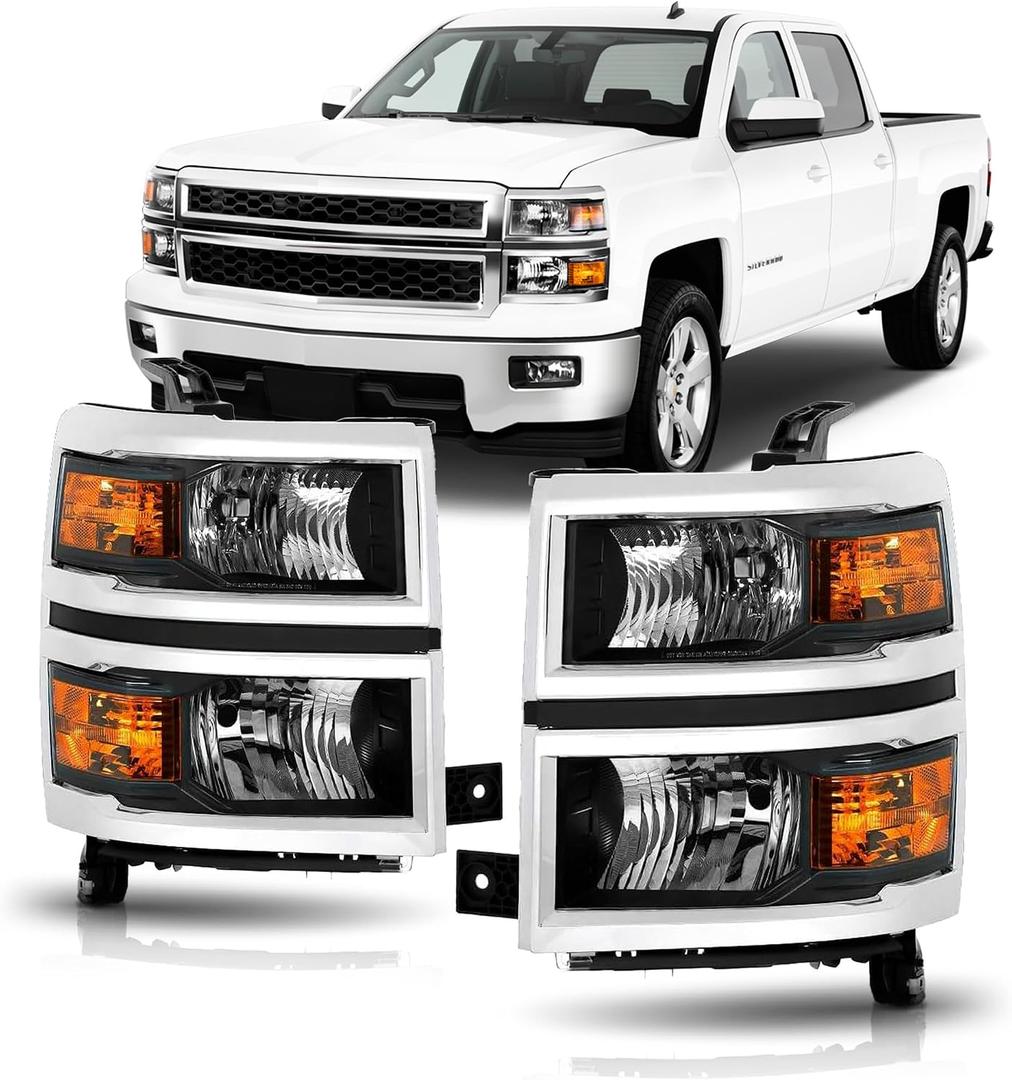 Headlights Assembly for 2014-2015 Chevy Silverado 1500 Halogen Head Light Headlamp Replacement Driver &Passenger Side, Chrome Housing Black Inner Amber Corner