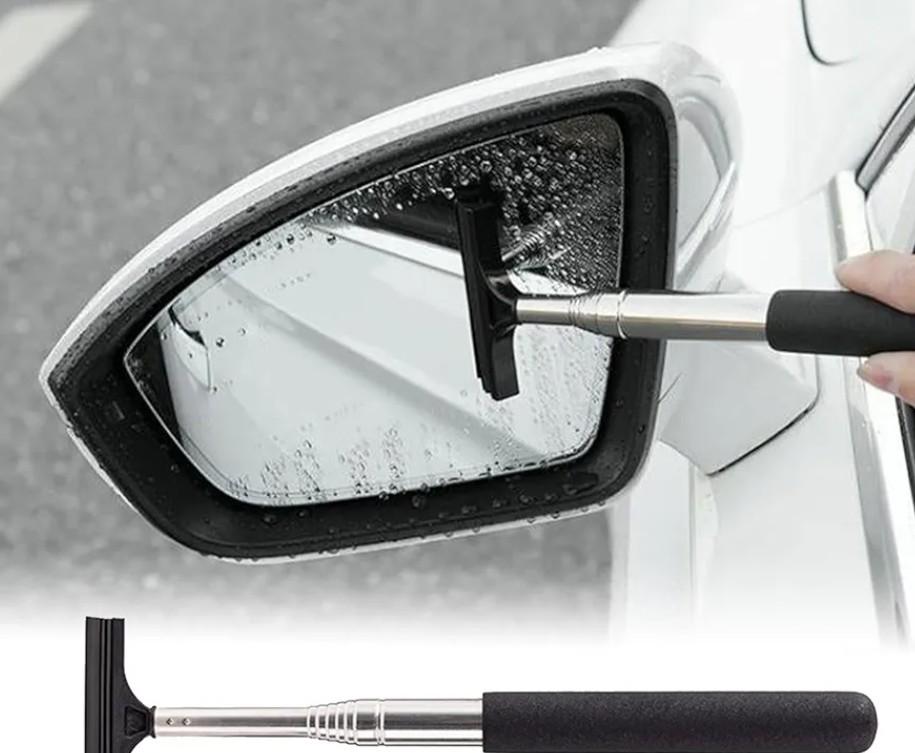 Tesnaao 6 PC Car Rearview Mirror Wiper, 8.66"-38.58" Telescopic Stainless Steel Frosted Handle Layered Rubber Brush Head Car Window Glass Defogger Wiper, Portable Cleaning Accessories (Black)