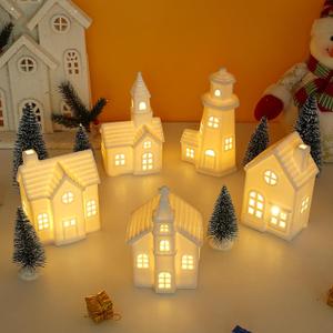 White Ceramic Christmas Village Houses, Light Up Christmas Village Sets with Timer,Porcelain Xmas Town Village Sets,Ceramic Houses and Villages for Xmas Figurines Home Decor (Set of 5 Houses )