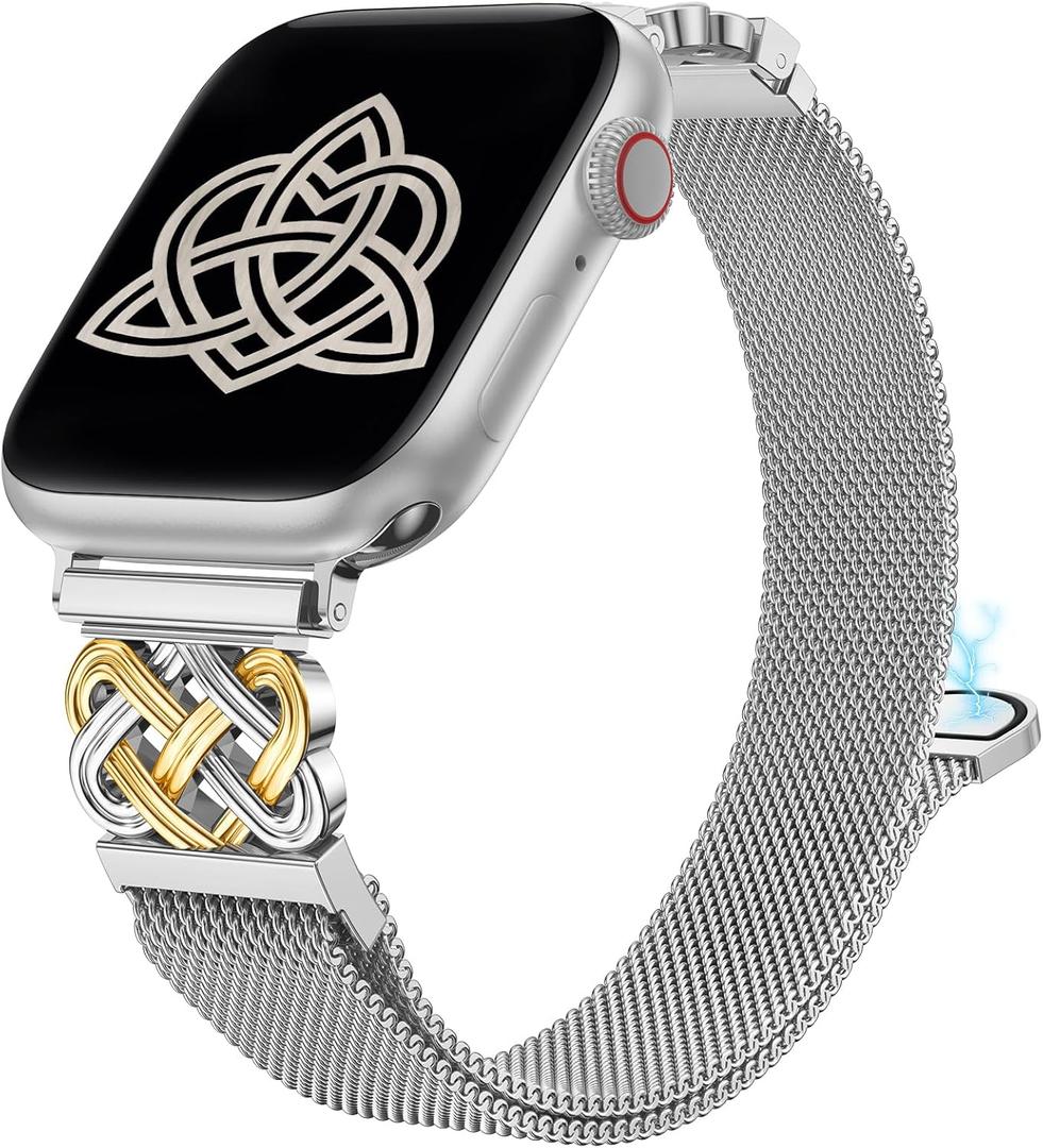 Stainless Steel Magnetic Loop Compatible with Apple Watch Band 41/40/38/49/46/45/44/42mm Women Metal Mesh Celtic Knot Dressy Strap for iWatch SE Series 10/9/8/7/6/5/4/3/2/1/Ultra(1/2) (Silver/Gold)