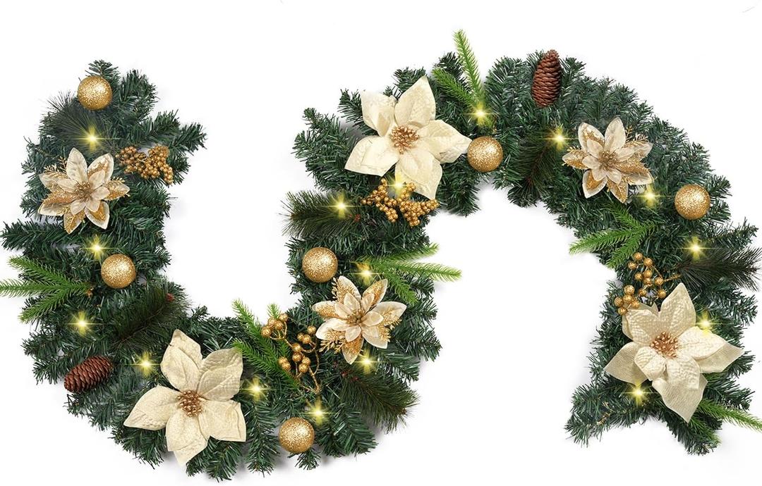 RICHMYC Christmas Garlands with Lights 6FT Artificial Flower Garlands Faux Greenery Cedar Garlands Christmas Decoration for Holiday Mantle Stairs Fireplace Table Indoor Outdoor Porch, Champagne