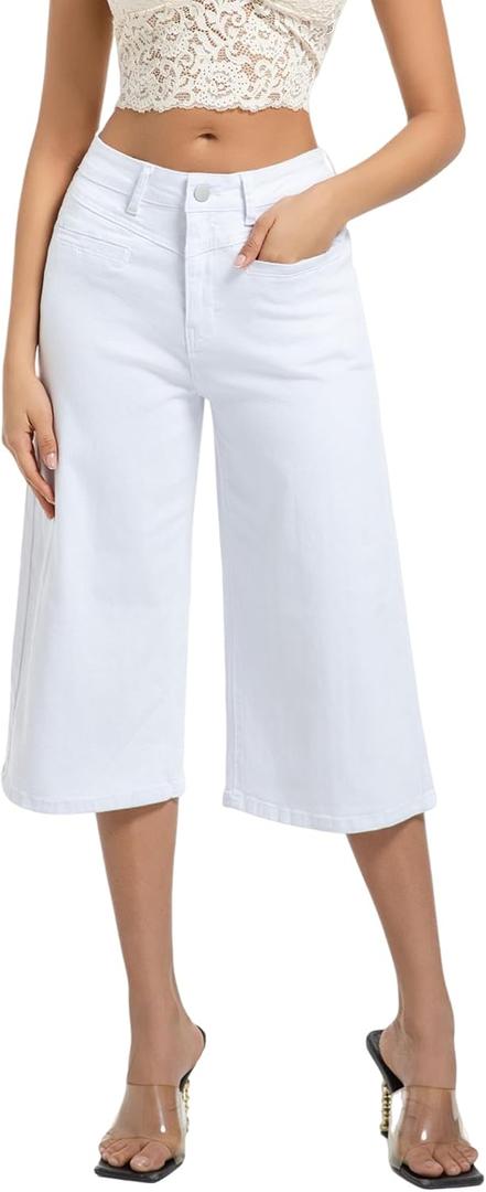 Myzellia Wide Leg Capri Pants for Women Stretchy High Waisted Frayed Hem Loose Denim Jeans White Small