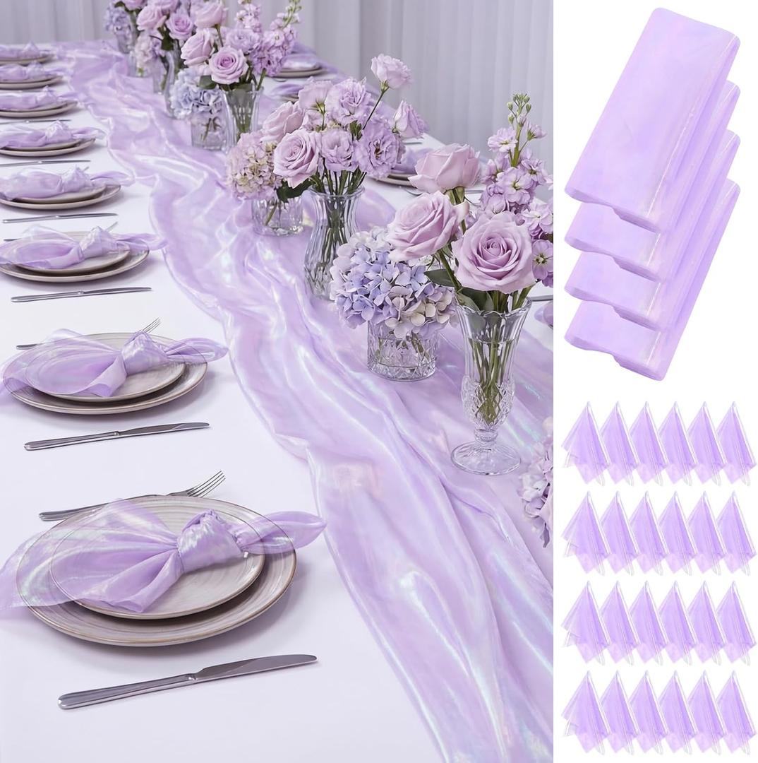 Gilprop 4 Set Purple Iridescent Table Runner 12 x 72 Inch Laser Mermaid Table Runner with 24 Pcs Iridescent Napkins Shiny Laser Desk Cover for Wedding Birthday Party Baby Shower Party Decor