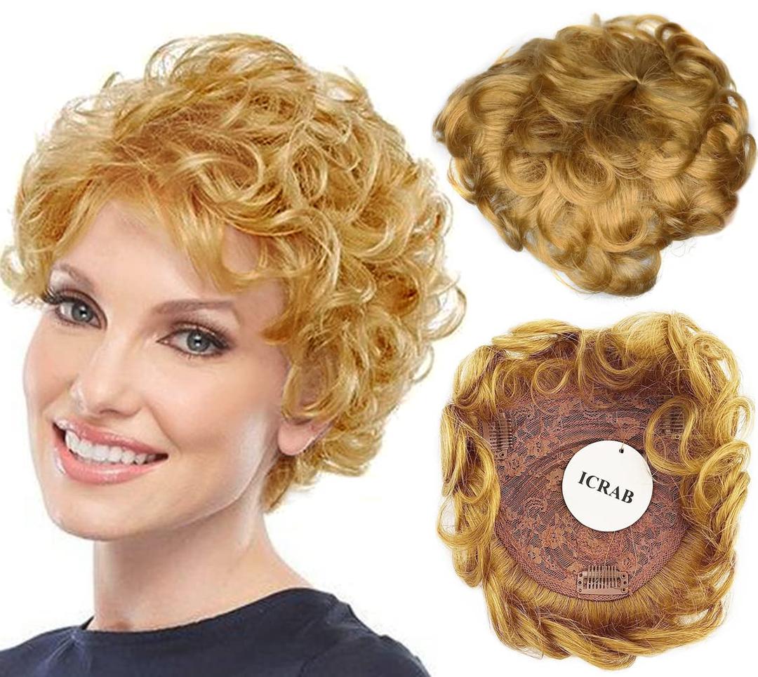 6" Natural Fluffy Strawberry Blonde Short Curly Human Hair Topper,Women Toupee Clip in Wavy Topper Human Hair Wig Wiglets Hairpieces for Thinning Hair (27#)