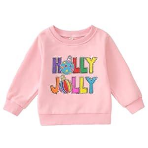 GLIGLITTR Toddler Baby Boy Girl Christmas Sweatshirt Xmas Holly Outfit Jolly Pullover Top Holiday Crewneck Long Sleeve Shirts (12-18 Months, Pink)