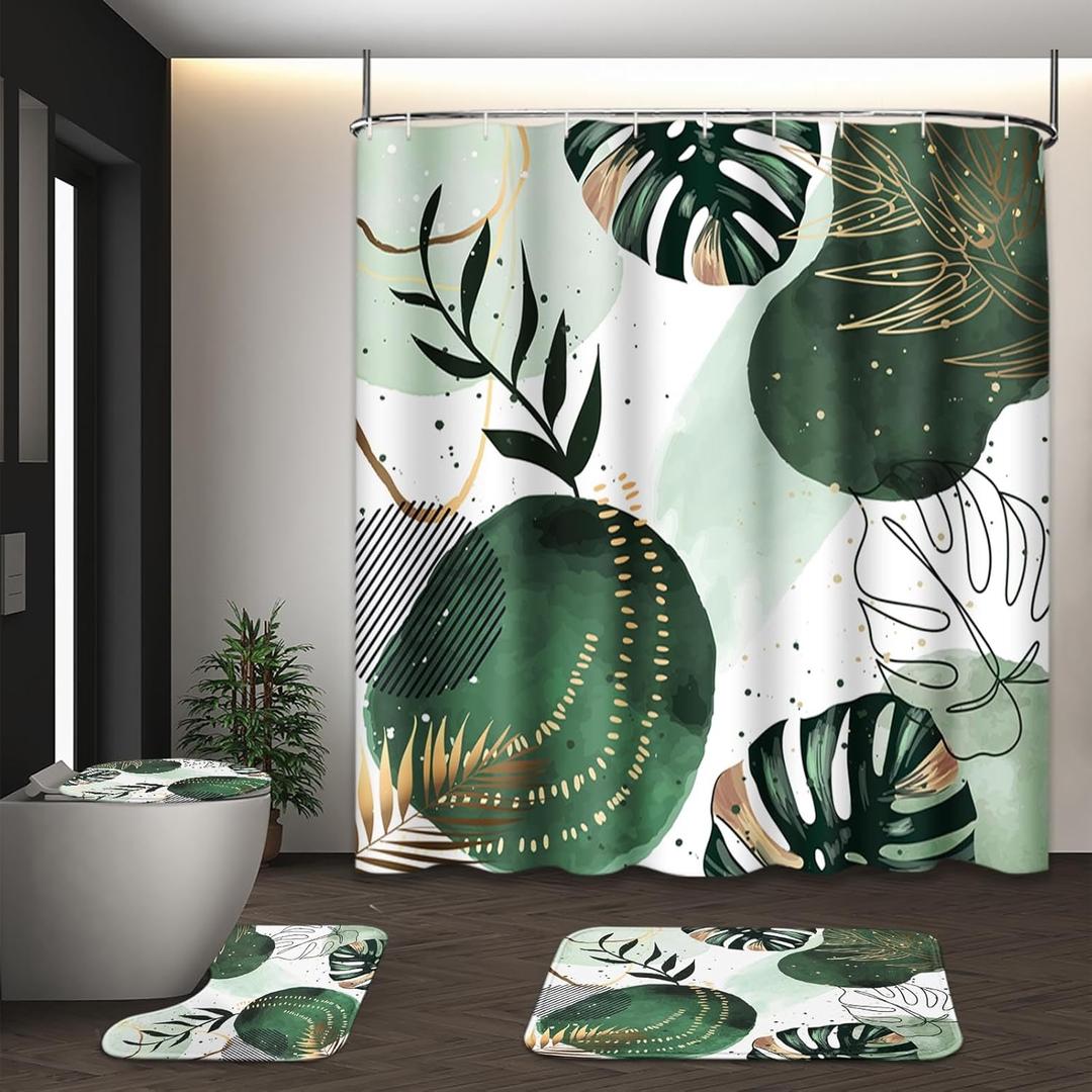 Sage Green Boho Shower Curtain Set with Toilet Lid Cover and Non-Slip Rugs, Mid Century Plant Abstract Olive 4 Pcs Modern Shower Curtain for Bathroom Set with 12 Hooks, Mid Century 1, 

Size: The boho shower curtain 72 "Lx72" W, thickened bathroom mat 29.5 "Lx17.7" W, o-toilet cover: 17.5 "Lx" 14.6 "W, U-shaped carpet: 17.7" Lx15.7 "wide.