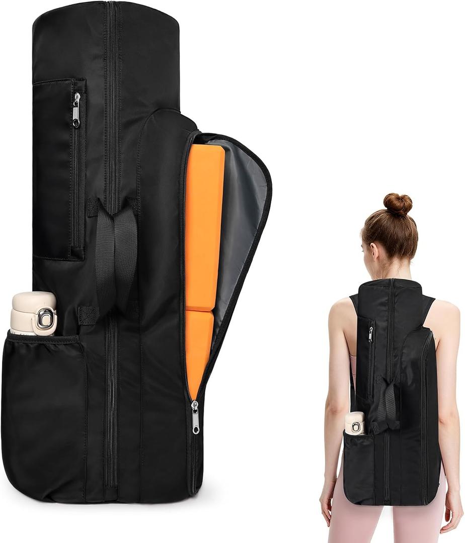 Yoga Mat Bag Backpack for Women and Men with Multi-Pockets for Mats Blocks and Accessories, Waterproof Yoga Mat Carrier Holder for Workouts, Gym, Pilates (Black)