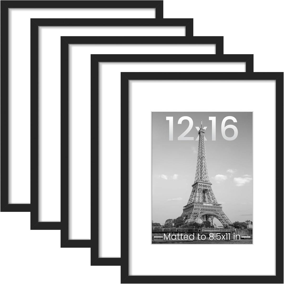 upsimples 12x16 Picture Frame Set of 5, Display Pictures 8.5x11 with Mat or 12 x 16 Without, Wall Gallery Poster Frames, Black