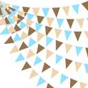 32Ft Brown Blue Party Decorations Brown Blue Pennant Banner Fabric Triangle Flag Bunting Garland Streamers for Teddy Bear Safari Wild Baby Shower Gender Reveal Birthday Theme Party Decor