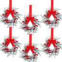 Giegxin 6 Pcs Vintage Small Christmas Wreath for Cabinet Mini Kitchen Wreath with Red Berry Realistic Norfolk Farmhouse Decoration for Xmas Window Indoor Chair Fireplace Porch Candle Decor (No Bows)