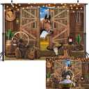 Western Rodeo Party Backdrop Wild West Cowboy Rustic Wooden Barn Door Horse Background Western Themed Boy Girl Birthday Photo Shoot Props (Brown, 2.4x1.8m)