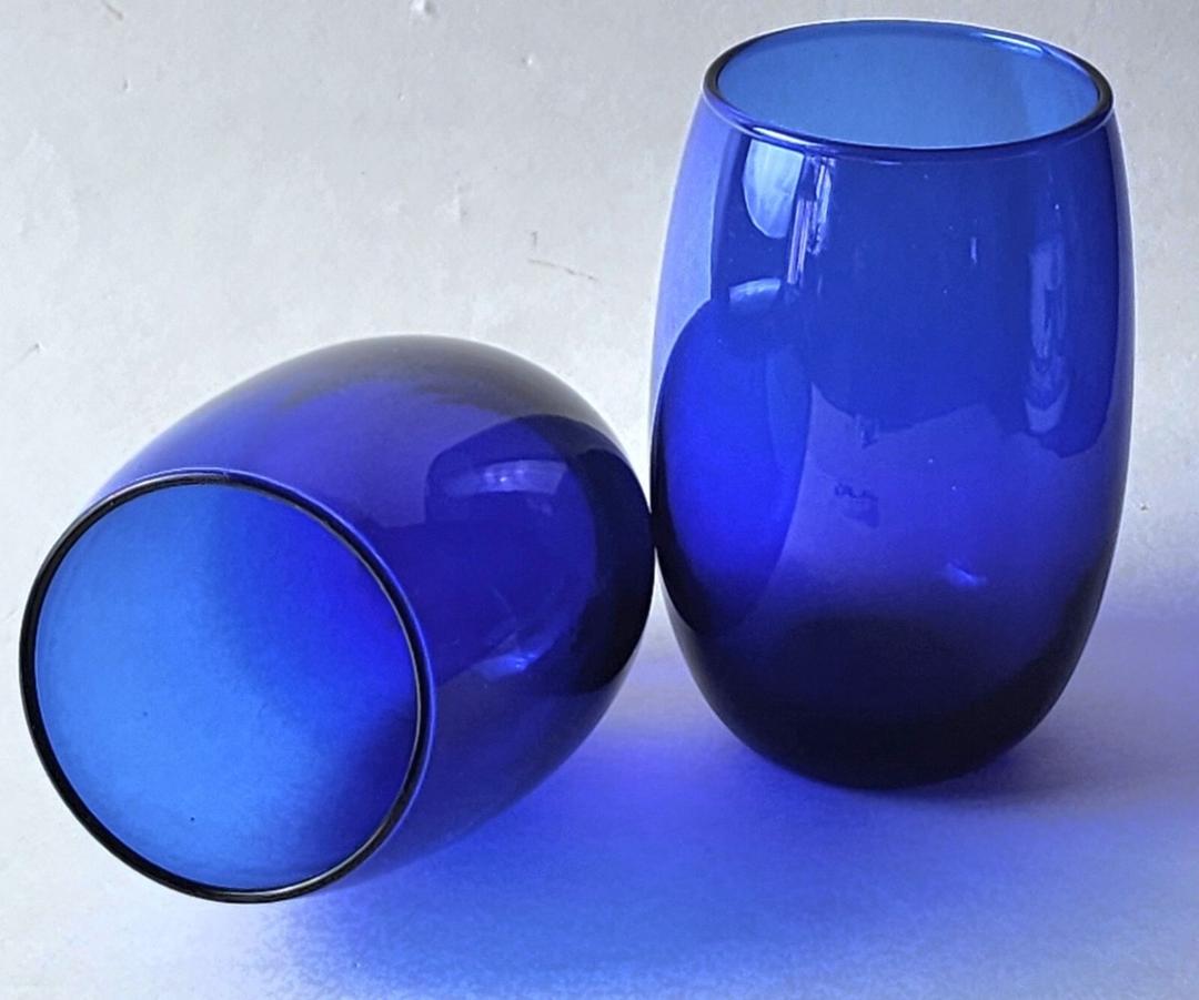 Stemless Drinkware Set of 2 Cobalt Blue Hand Blown Wine Glasses, 16oz.