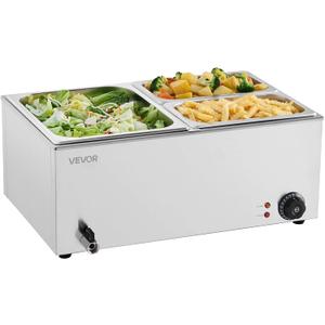 VEVOR 3-Pan Commercial Food Warmer, 24QT Electric Steam Table, 1200W Professional Countertop Stainless Steel Buffet Bain Marie with 86-185F Temp Control for Catering and Restaurants, Silver