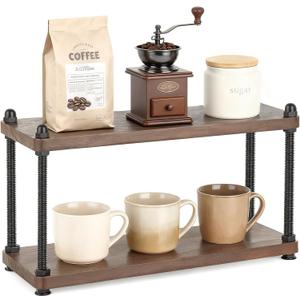 Mkono Coffee Station Organizer Wooden Mug Holder for Countertop Cup and Mug Shelf for Coffee Bar Accessories Rustic Matcha Stand 2 Tier Storage and Display Rack for Tea Cups Kitchen Office (Brown)