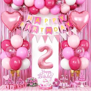 2nd Birthday Decorations for Girls, Hot Pink Balloons with Happy Birthday Banner, Fringe Curtain, Cake Topper, Glue, Ribbon