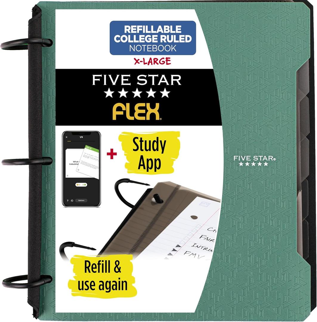 Five Star Flex Refillable Notebook + Study App, College Ruled Paper and 1-1/2 Inch TechLock Ring Binder with Pockets, Tabs and Dividers, 300 Sheet Capacity, Seaglass Green (29324AQ8)