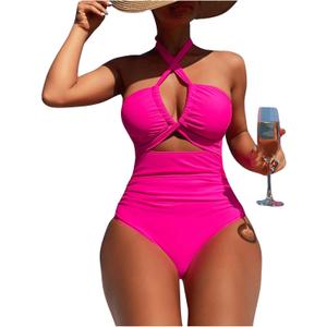 SOLY HUX Women's One Piece Swimsuit Criss Cross Halter Cut Out Ruched Monokini Bathing Suit Solid HotPink, X-Large