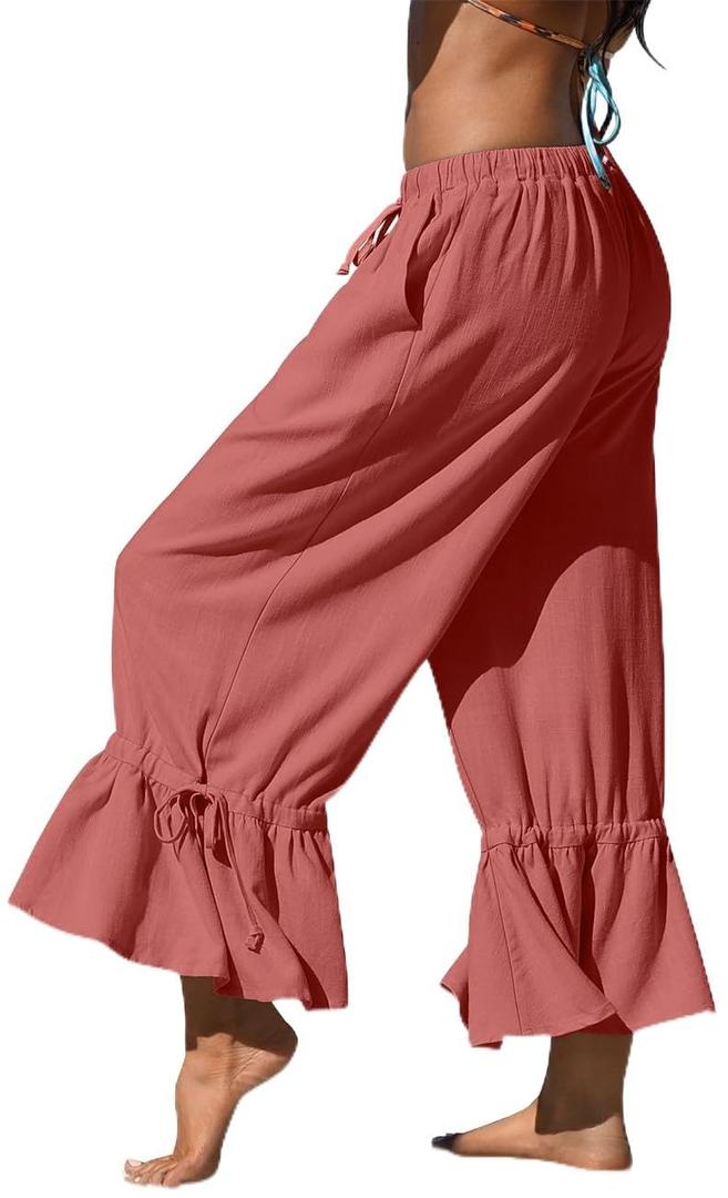 TARSE Womens Linen Wide Leg Pants Casual Cropped Ruffle with Ties Palazzo Flowy Drawstring Loose Cute Pants with Pockets XL