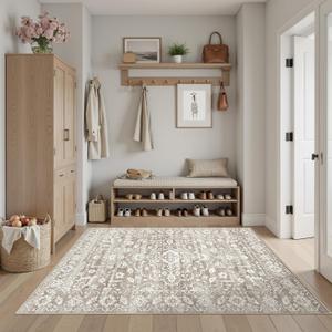 Soalmost Area Rugs 4x6 for Living Room, Stain Resistant Neutral Washable Rugs for Dining Room, Kitchen, Floral Vintage Non-Slip Area Rug Farmhouse 4x6 Rug Light Brown