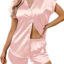 Ekouaer Silk Satin Pajamas for Women Button Up Pjs 2 Piece Summer Short Sleeve Lounge Sets V Neck Sleepwear (Pink, Medium)
