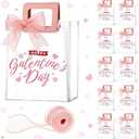 Gueevin 12 Pcs Galentine's Day Gift Bags Pink Plastic Galentines Clear Gift Bags with Handle and Sheer Ribbon 7 x 4 x 8 Inch Reusable Transparent PVC Totes for Her Valentines Birthday Party Supplies