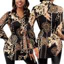 KnoInt Button Down Shirt Dresses for Women Sexy Long Sleeves Top Loose Floral Print Collared Blouses V Neck Mini Dress with BeltBlack and Gold,M