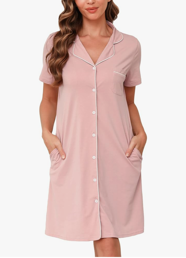 Vlazom Women's Nightgowns Short Sleeve Sleep Shirts Nightshirt V Neck Button Down Pajama Sleepwear M