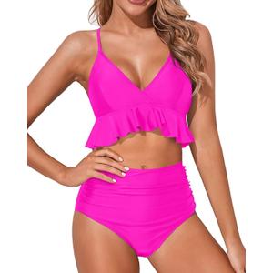Tempt Me Women Two Piece Swimsuits High Waisted Bikini Set Ruffle Flounce Tummy Control Bottoms Bathing Suit (Hot Pink, Medium)