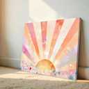 Framed Boho Sun Canvas Wall Art Picture Bohemian Sunset Sunrise Sunshine Rainbow Poster Print Aesthetic Floral Pink and Orange Abstract Painting Wall Decor for Bedroom Dorm 12x16in