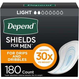 Depend Shields Incontinence Pads for Men, Light Absorbency, 180 Count, Packaging May Vary (One Size)