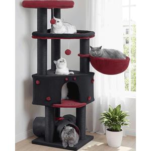 Heavy Duty Cat Tree for Large Cats Adult - 60 Inch XXL Sturdy Cat Tower Condo with Extra Wide Scratching Posts (4.4in) Big Cat House Hammock Perch - Indoor Wood Modern Multi Level Corner Cat Bed (Black)