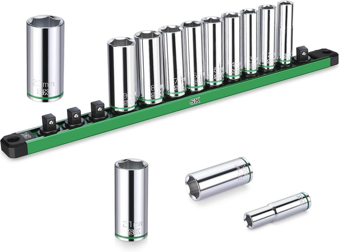 SK 3/8" Drive Socket Set, Deep Metric Sockets, 13-Piece 10-22mm, SuperKrome Finish, Premium CR-V Construction, with Aluminum Socket Organizer