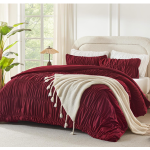 Ruched Burgundy Queen Comforter Set, Boho Ruffle Bedding 3 Pieces Shabby Chic Bed Set for Girls, Kids, Women, Lightweight Soft Pleatd Comforter, All Season (Size: Queen (90"x90"))