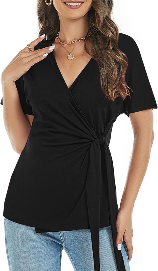 LEIYEE Womens Summer V Neck Short Sleeve Wrap Tops Casual Cute Front Twist Tie Knot Shirts Blouse (Black, M)