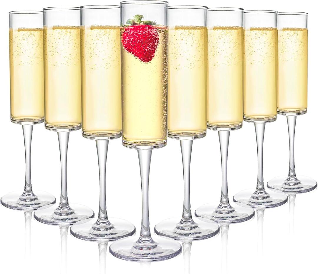 Elsjoy Set of 8 Acrylic Champagne Flutes, 6 Oz Unbreakable Champagne Glasses Reusable Champagne Toasting Cups, Shatterproof Stemmed Champagne Coupes for Wedding, Party, Bar (Clear)