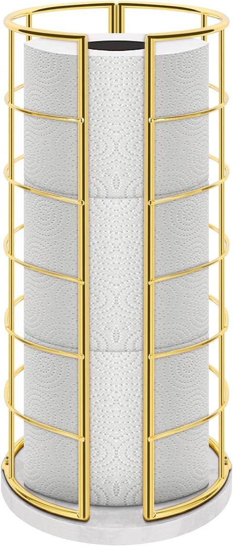 NearMoon Toilet Paper Organizer Stand, Free Standing 3 Rolls Tissue Storage, Metal Bathroom Accessory, Rustproof Toilet Roll Holder for Kitchen Countertop Inside Cabinet Shelf(Marble Base,Gold)