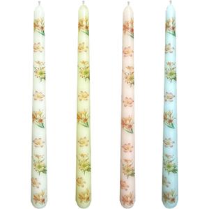 4-Pack Printed Taper Candles Unscented - Dripless & Smokeless 7-Hour Burn - 10" Hand-Poured Candles with Lily Design for Dining, Weddings (White/Pastel Yellow/Pink/Blue)