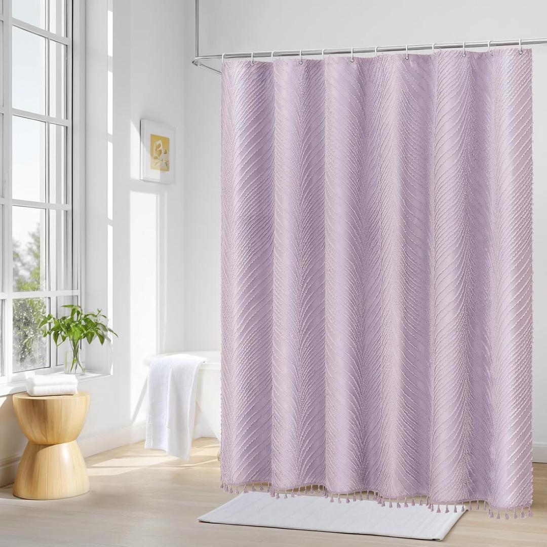 Craidlela Lavender Extra Long Shower Curtain, Modern Minimalist Shower Curtain for Bathroom, Boho Tufted Striped Leaf Textured with 12 Hooks, Machine Washable, 72 x 84 inch