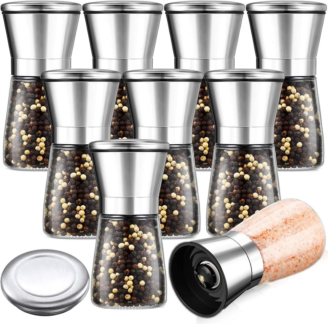 Salt and Pepper Grinder Stainless Steel Sea Salt Pepper Shaker with Adjustable Coarseness Refillable Glass Spice Grinder Mill(Retro,Silver,8)