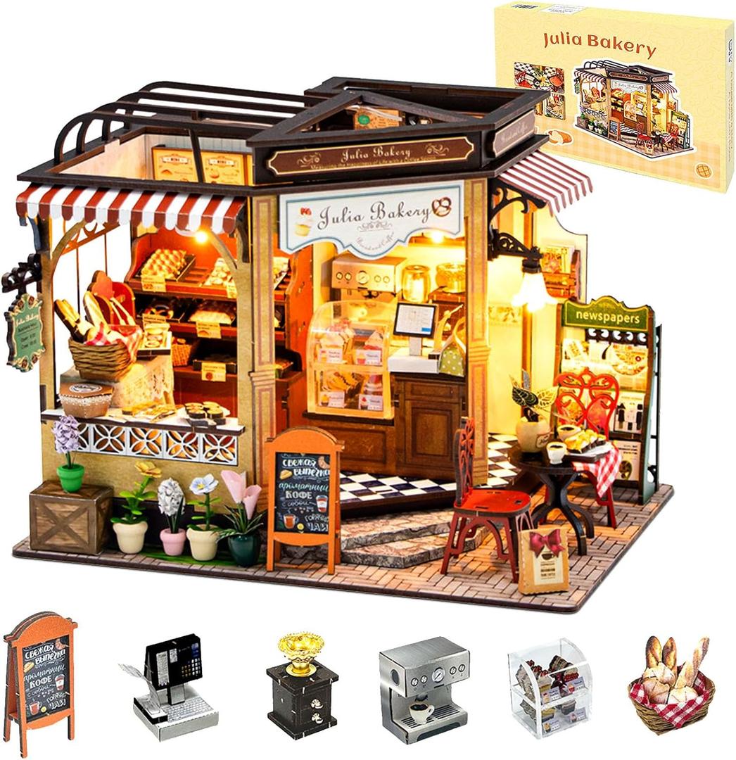 Miniature House Kit Julia Bakery, DIY Dollhouse Kit for Adults with Furniture & LED, Tiny House Kit Wooden Craft Gift for Adults Women Teens