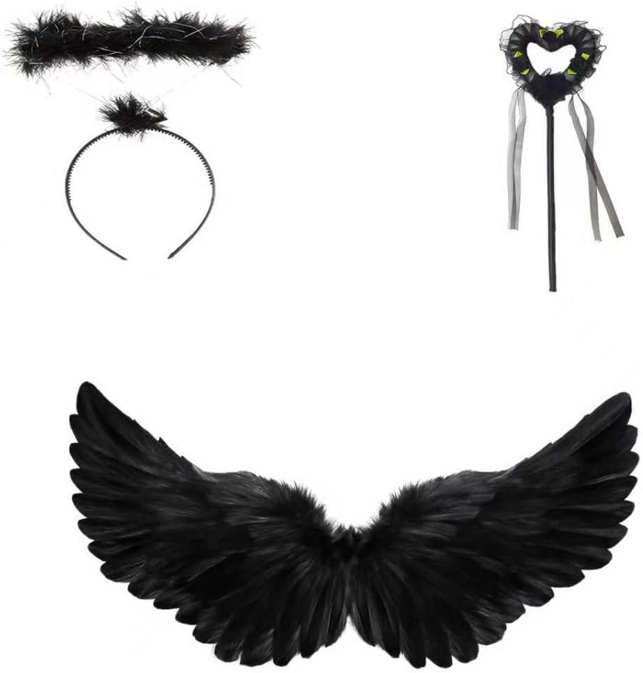Black Angel Wings and Halo with Magic Wand for Dark Angel Costume, 23.6'' x 13.7'' Real Feather Wings for Fallen Angel, Gothic Cosplay, Party, Halloween Costume Decor for Men, Women