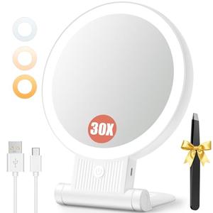 Auxmir 1X/30X Magnifying Mirror with Light, Double Sided Makeup Mirror with Adjustable 3 Color Light, 2000mAh Rechargeable Lighted Magnifying Mirrors with Tweezer, Foldable Travel Mirror with Rotation