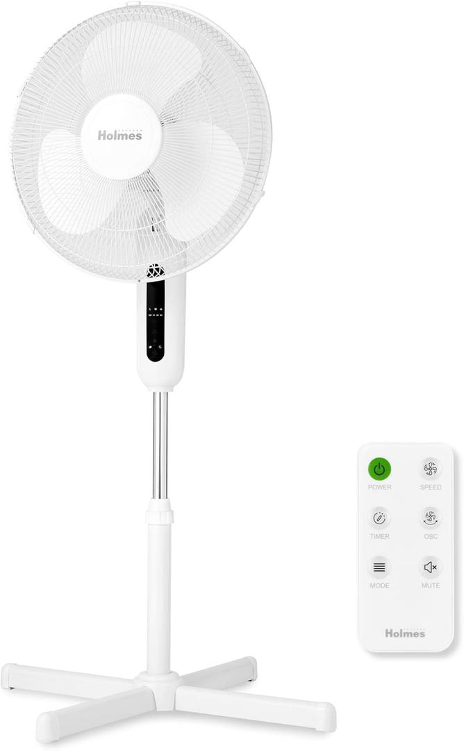 Holmes 16" Digital Stand Fan, 80 Oscillation, 3 Speeds, 3 Modes, 7.5-Hour Timer, Adjustable Height, 30 Head Tilt, Ideal for Home, Bedroom or Office, Remote Control, White