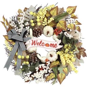 Fall Wreaths for Front Door Outside Decor, 22" White Pumpkin Berry Eucalyptus Leaves Pinecone Wreath Autumn Decorations with Bow and Hanging Sign for Thanksgiving Home Outdoor Indoor Porch Harvest