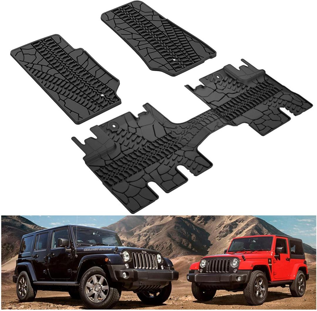 KIWI MASTER Floor Mats for 2007-2013 Jeep Wrangler JK 4-Door, OEM Replacement 82210166AC, Custom Fit All Weather Car Mats, Heavy Duty TPE Floor Liners, Front & Rear 2 Row, Black