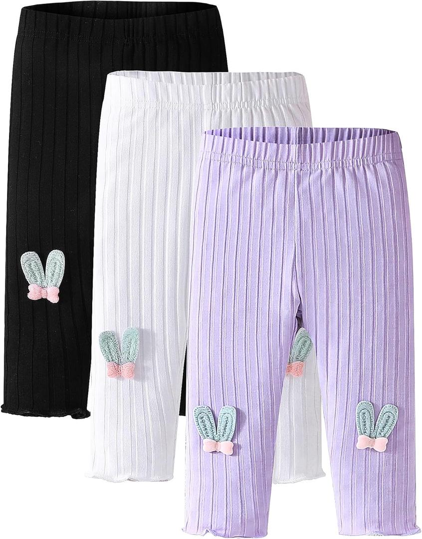 3 Pack Baby Girl Pants: Soft Solid Ribbed Pants Ruffle Hem Pull On Leggings for Infant 0-3 Months (White/Black/Purple)