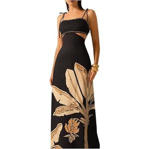 SOLY HUX Women's Summer Maxi Dress Boho Print Tie Shoulder Spaghetti Strap Cut Out Tie Back Cami Dresses Sundress, XS, Multicoloured Printed