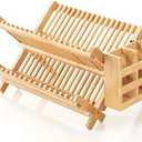 QUEENKAY Dish Drying Rack Collapsible 2-Tier Bamboo Dish Rack for Kitchen Counter Wooden Dish Drainer with Foldable Space-Saving Design for Dishes, Plates, and Cups