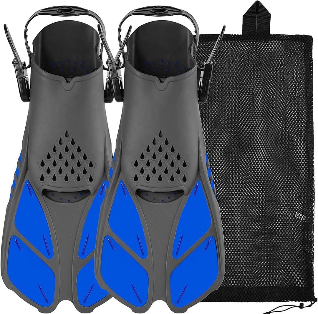 Sugaroom Swim Fins Open Heel, Adjustable Snorkel Fins Diving Fins with Mesh Bag, Snorkeling Gear Flippers Travel Size Short Flippers for Lap Swimming Scuba Dive Adult Men Women Kids (Blue)